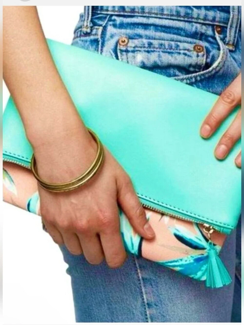 Anthropologie Mint and Pink Floral Envelope Clutch Reversible